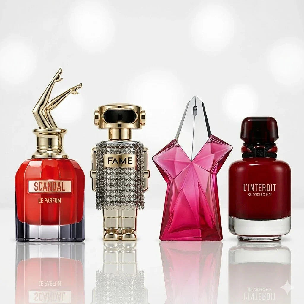 Kit de 4 Perfumes | Jean Paul Gaultier Scandal Le Parfum, Paco Rabanne Fame, Mugler Angel Nova, Givenchy L'Interdit Rouge