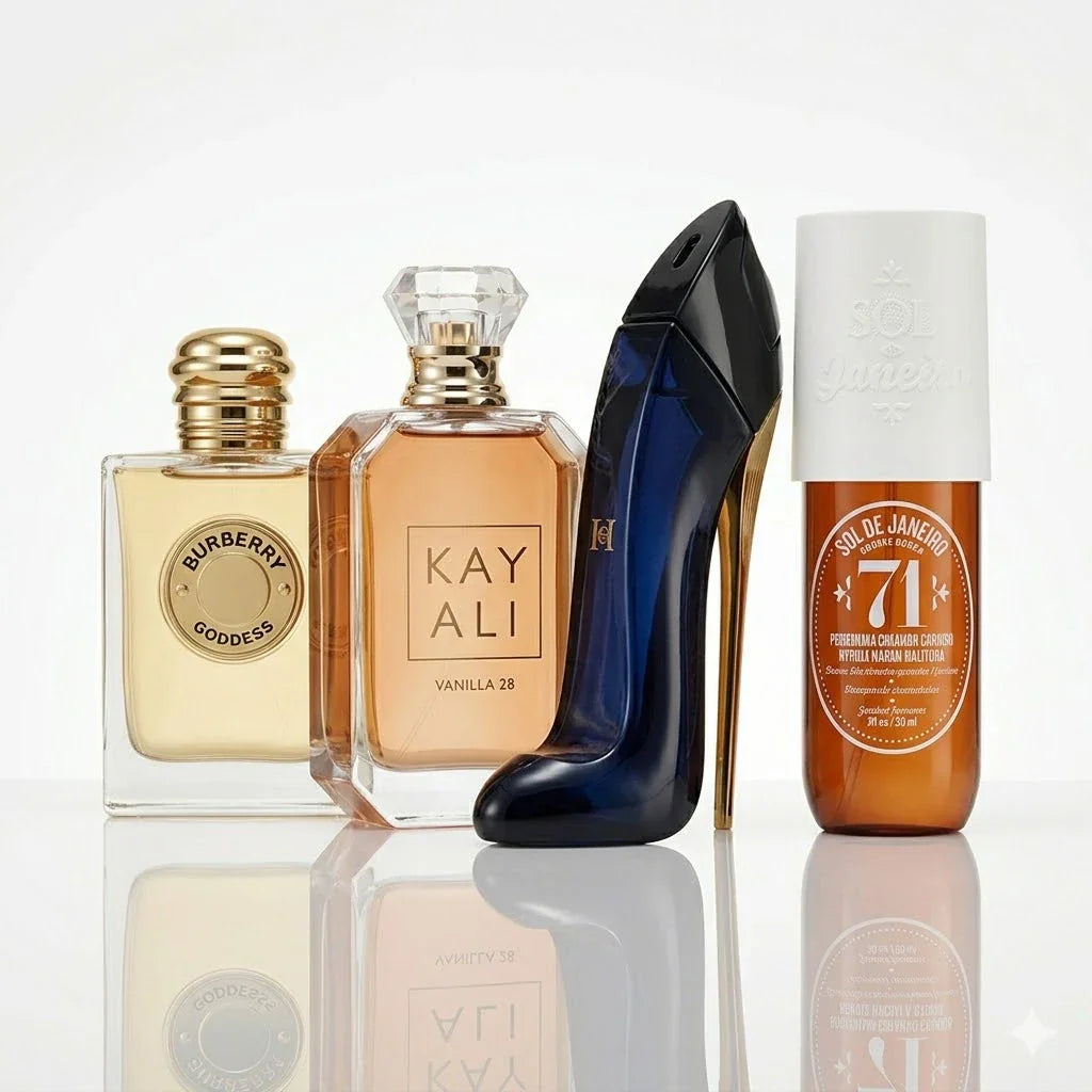 Kit de 4 Perfumes | Burberry Goddess, Kayali Vanilla 28, CH Good Girl, Sol de Janeiro '71.