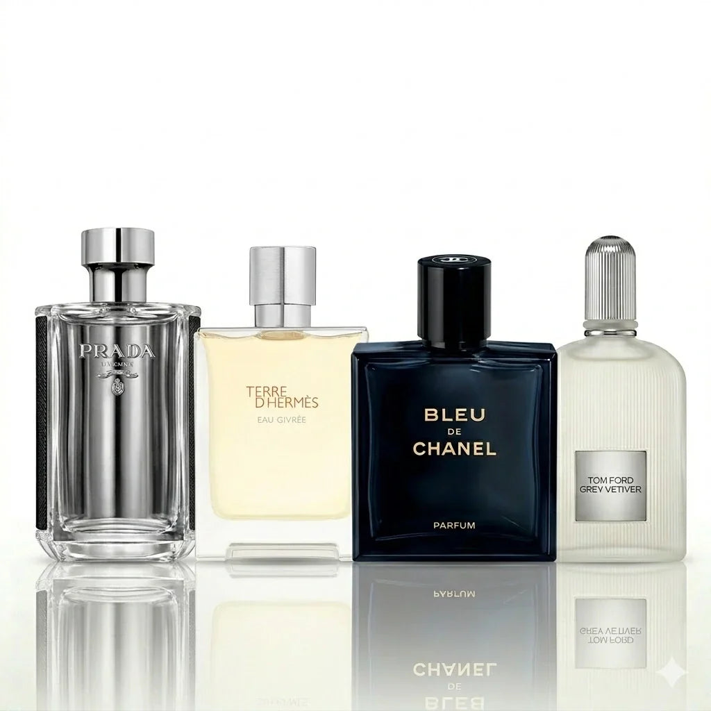 Kit de 4 Perfumes | Prada L’Homme, Terre d’Hermès Eau Givrée, Bleu de Chanel Parfum, Tom Ford Grey Vetiver