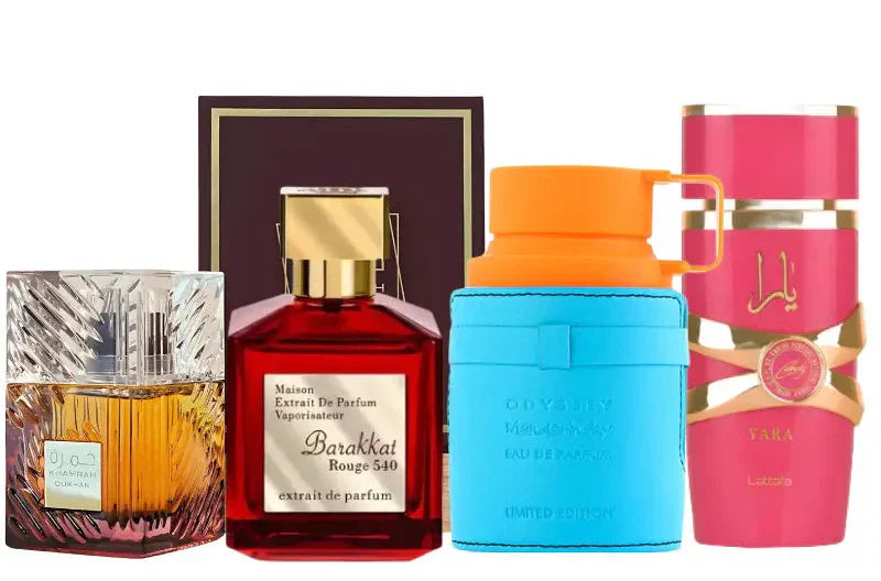 Kit de 4 Perfumes | Khamrah Dukhan, Yara Candy, Rouge 540, Mandarina Sky