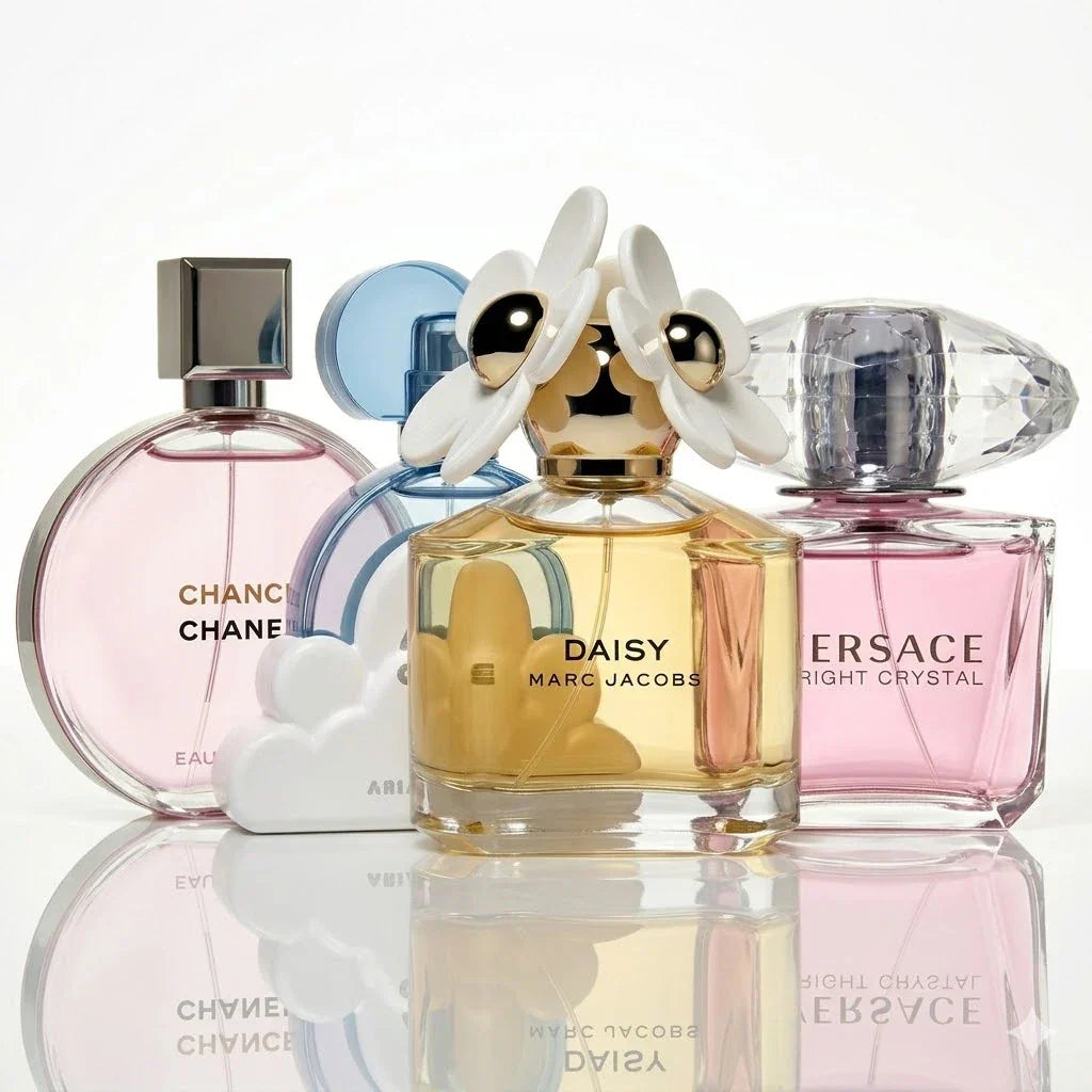 Kit de 4 Perfumes | Chanel Chance Eau Tendre, Ariana Grande Cloud, Marc Jacobs Daisy, Versace Bright Crystal.