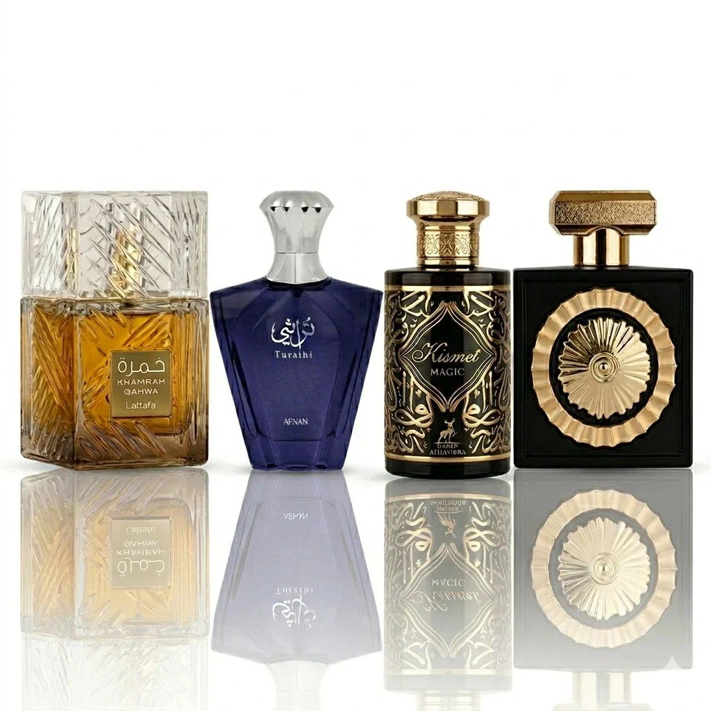 Kit de 4 Perfumes | Lattafa Khamrah Qahwa, Afnan Turathi Blue, Maison Alhambra Kismet Magic, Lattafa Nebras
