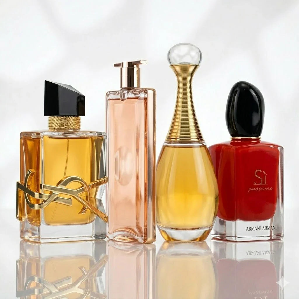 Kit de 4 Perfumes | YSL Libre Intense, Lancôme Idôle Now, Dior J'adore, Armani Sì Passione.