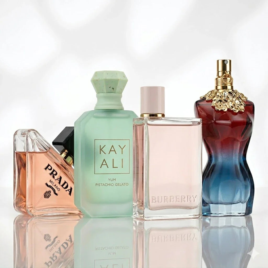 Kit de 4 Perfumes | Prada Paradoxe, Kayali Yum Pistachio Gelato, Burberry Her, Jean Paul Gaultier La Belle.