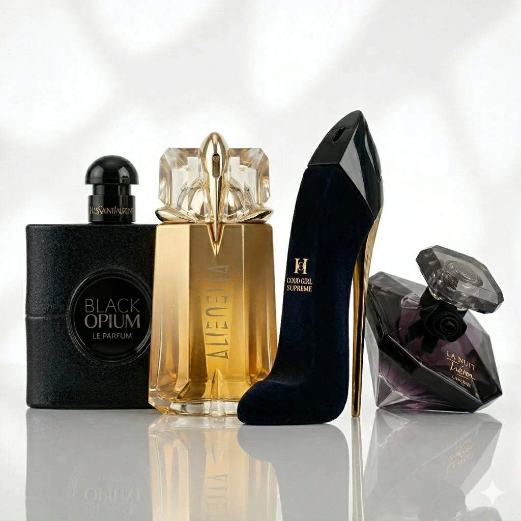 Kit de 4 Perfumes | YSL Black Opium Le Parfum, Mugler Alien Goddess, Carolina Herrera Good Girl Supreme, Lancôme La Nuit Trésor