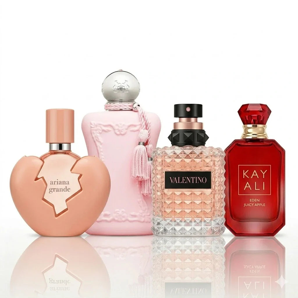 Kit de 4 Perfumes | Ariana Grande Thank U Next, Parfums de Marly Delina Exclusif, Valentino Donna Born In Roma e Kayali Eden Juicy Apple.