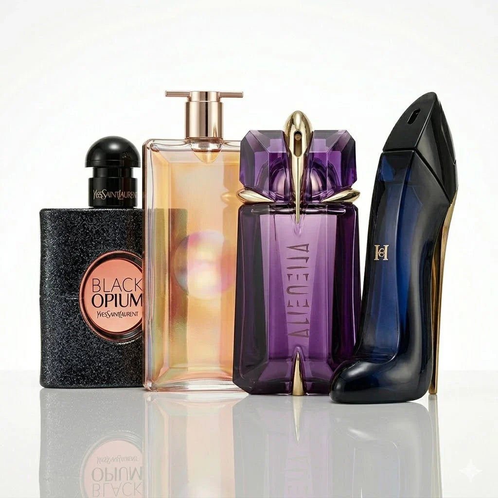 Kit de 4 Perfumes | YSL Black Opium, Lancôme Idôle, Mugler Alien, Carolina Herrera Good Girl.