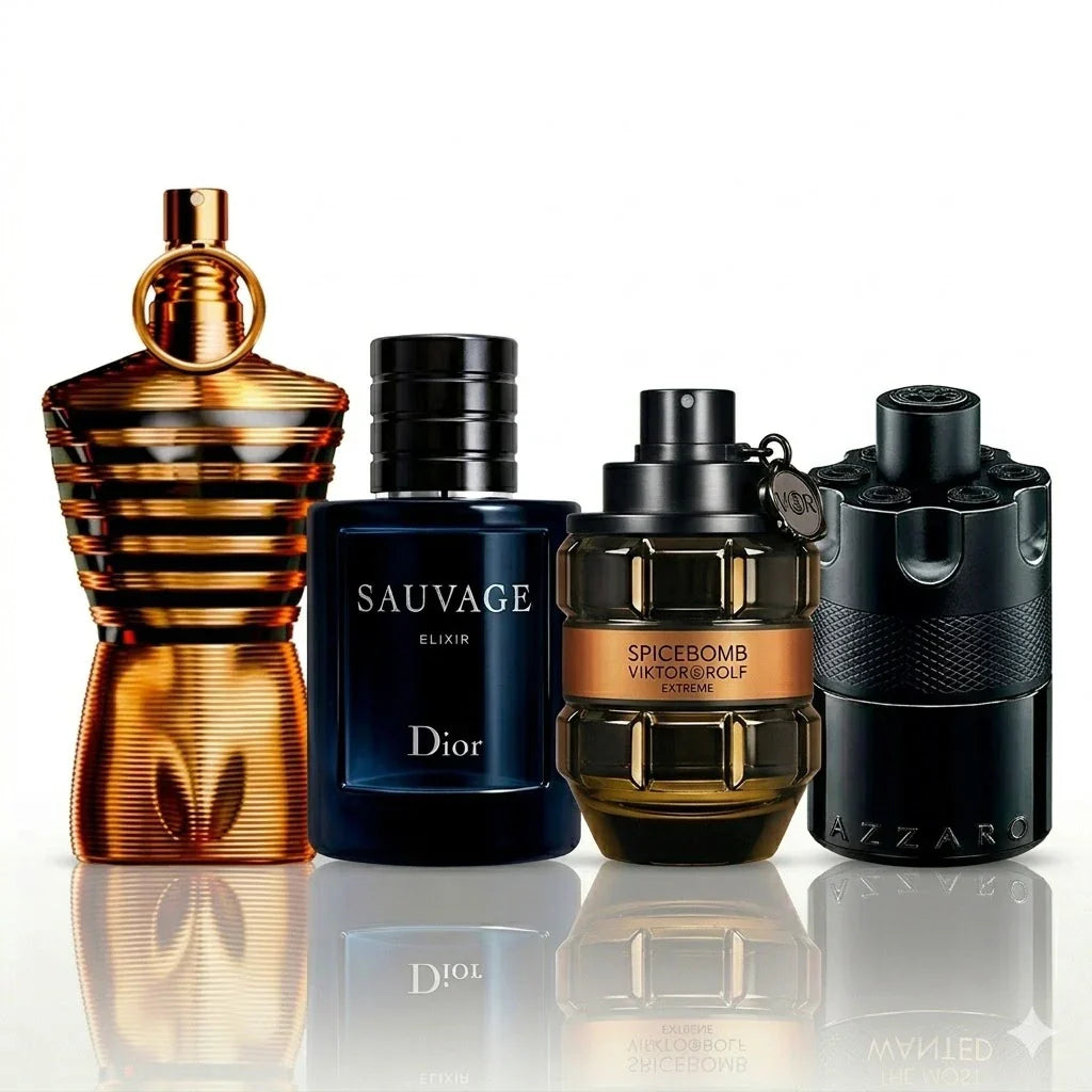 Kit de 4 Perfumes | Jean Paul Gaultier Le Male Elixir, Dior Sauvage Elixir, Viktor&Rolf Spicebomb Extreme, Azzaro The Most Wanted