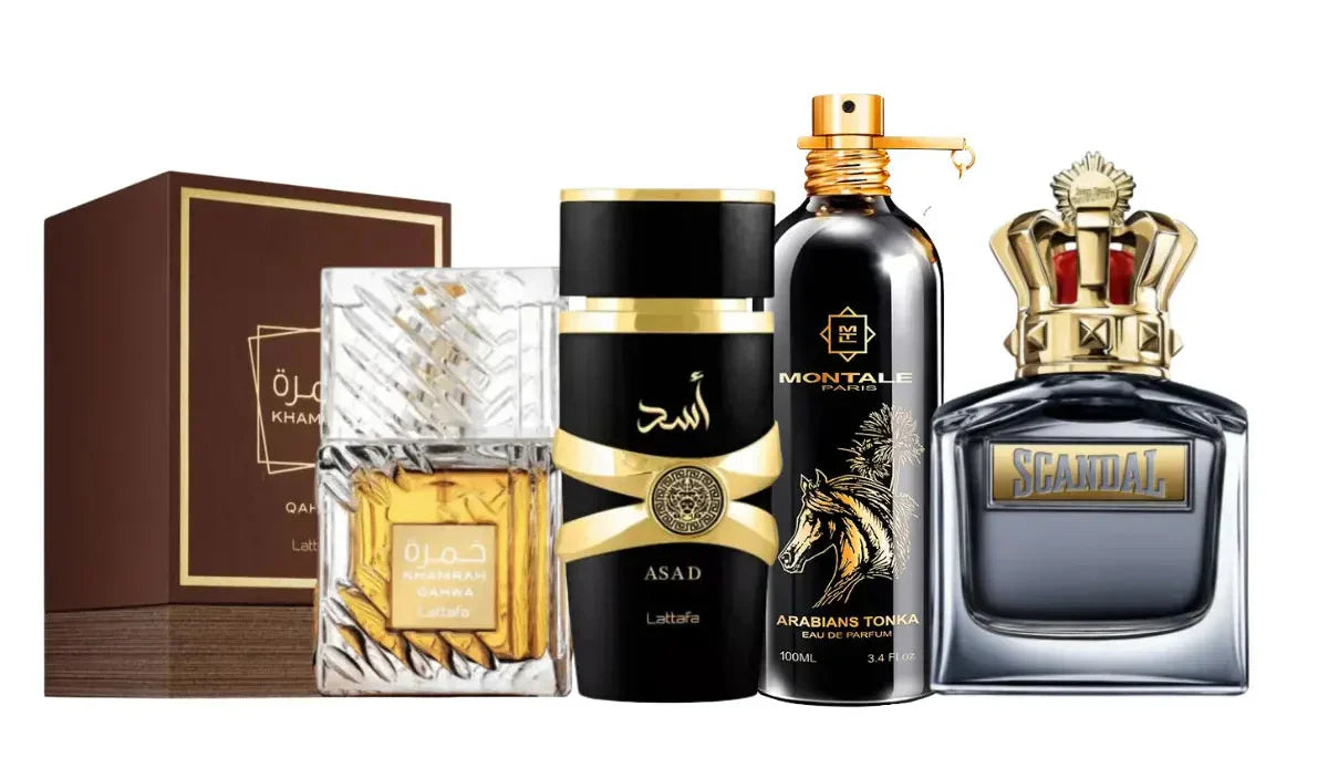 Kit de 4 Perfumes | Khamrah, Scandal Men, Asad, Arabians Tonka
