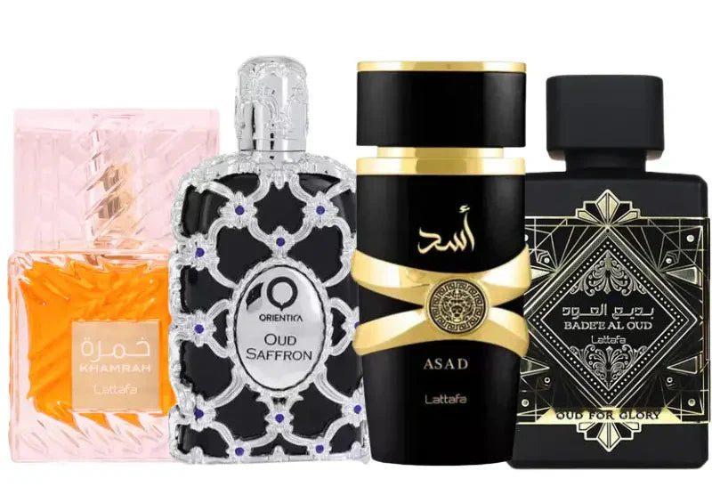 Kit de 4 Perfumes | Asad, Oud For Glory, Khamrah, Oud Saffron