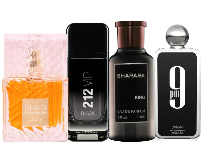 Kit de 4 Perfumes | 9pm, King, Khamrah, 212 Black Vip