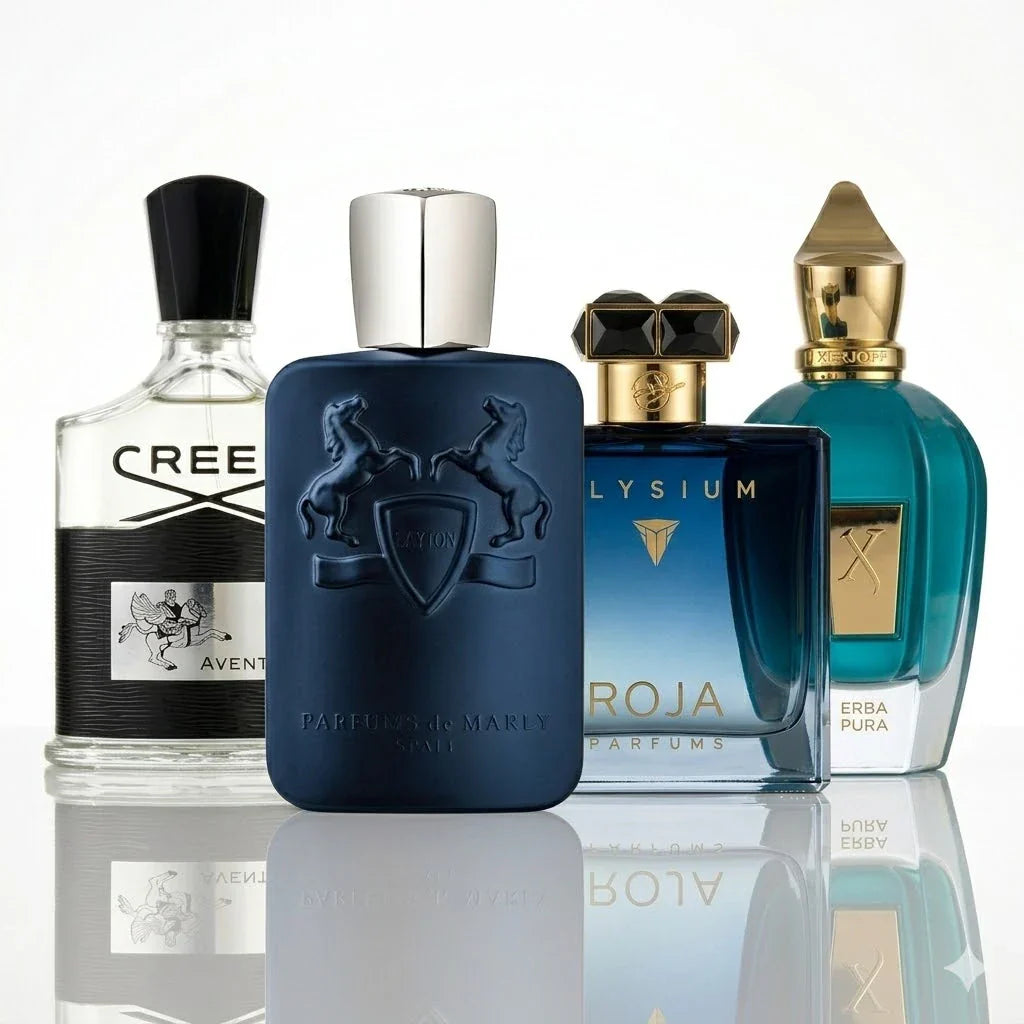 Kit de 4 Perfumes | Creed Aventus, Parfums de Marly Layton, Roja Elysium, Xerjoff Erba Pura.